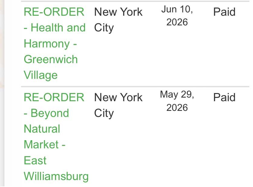 Re-order records showing New York City stores with Paid status.