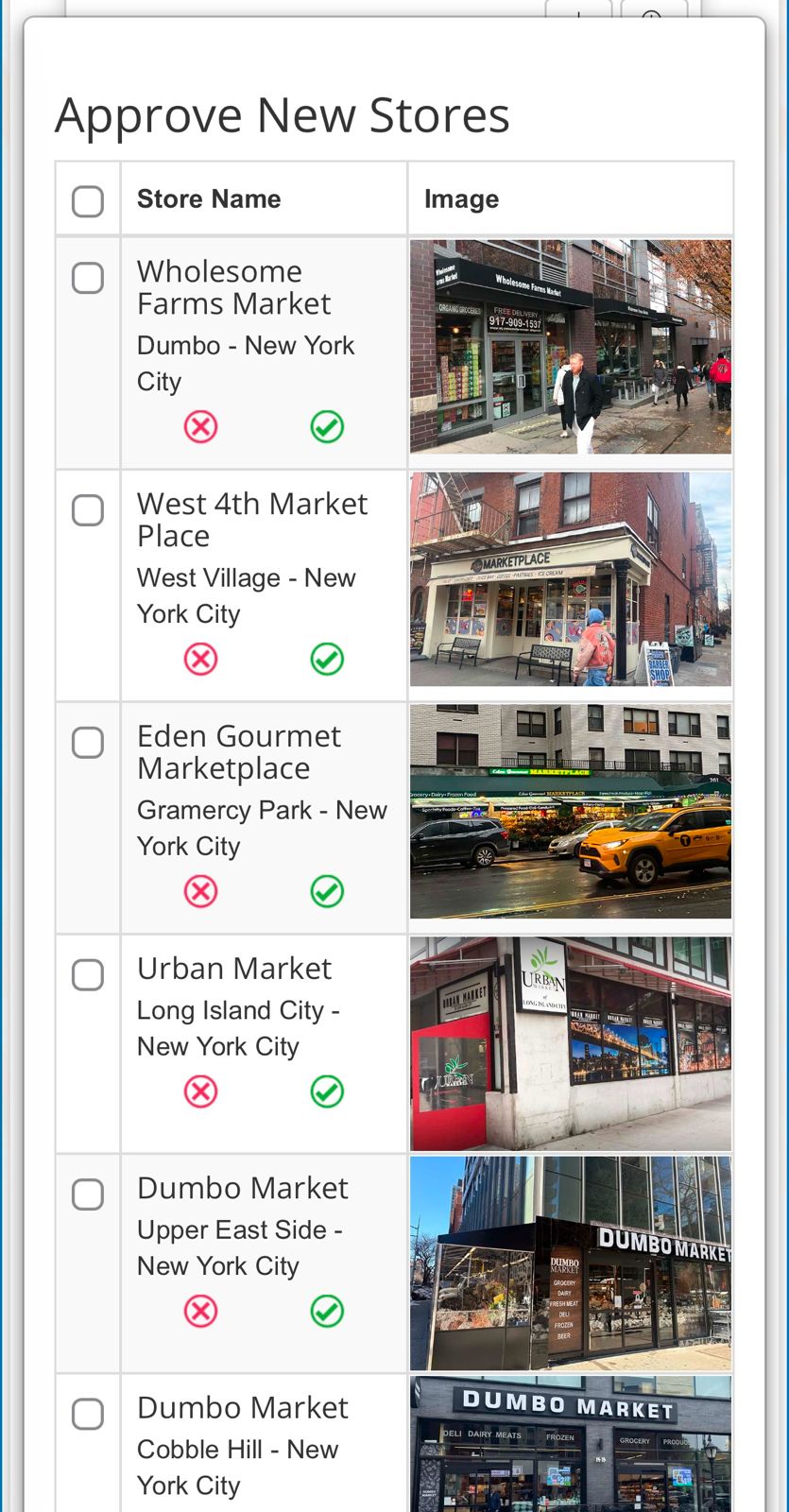 Approve New Stores table showing independent retail stores with store images.